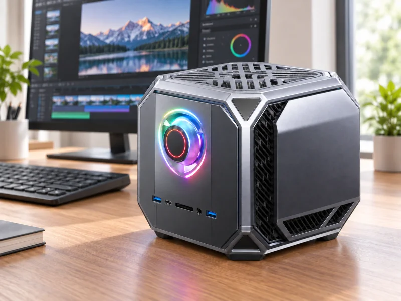 Ilustrasi: Compact silver and charcoal workstation with illuminated fan on a desk