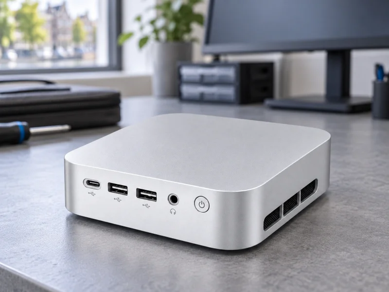 Illustratie: Silver mini PC with three front USB connectors on a workbench