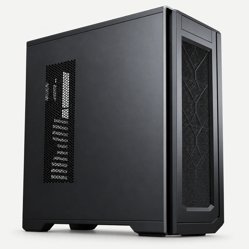 Black tower workstation with narrow side vent and geometric front mesh on a light studio background