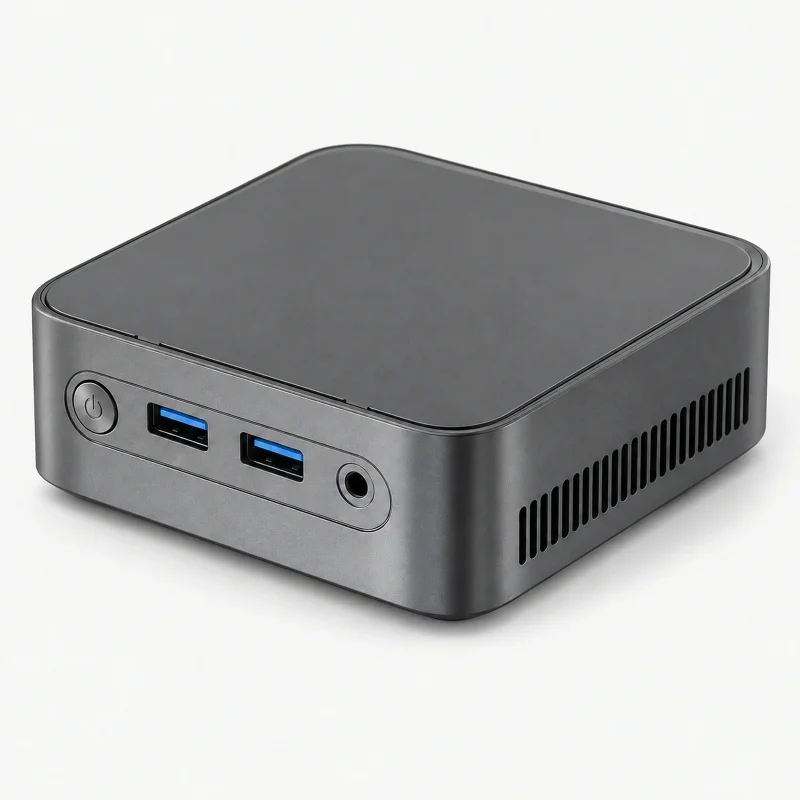 Dark graphite mini PC on a light studio background