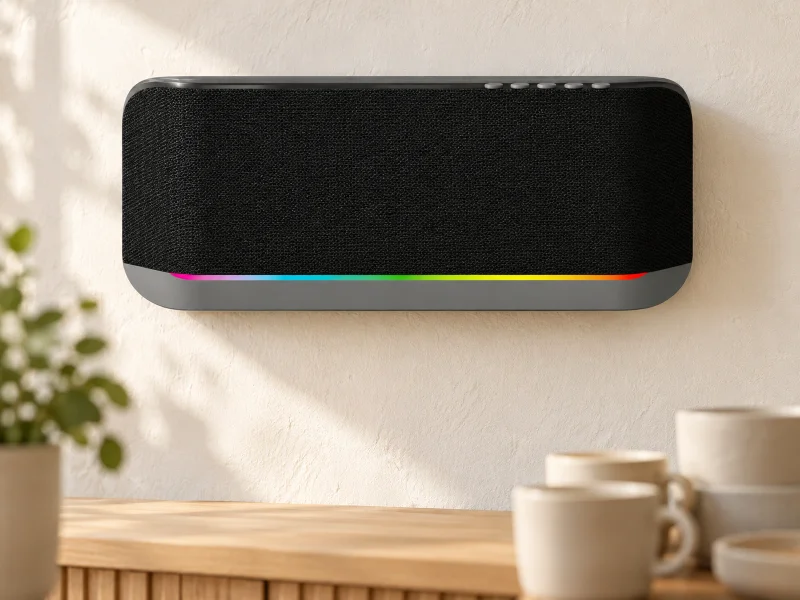Ilustrasi: Black oblong wall speaker with gray lower base and thin rainbow light line on a wall in the UK