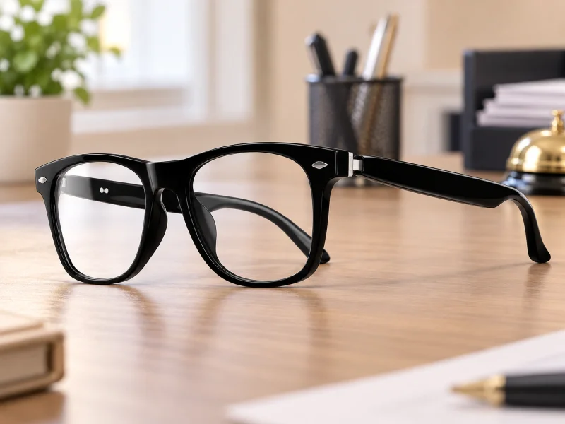 Ilustrasi: Black rounded rectangular audio glasses with silver corner marks on a desk in the UK