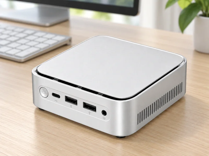 插图：Pale silver mini PC with black lid seam and USB-C front port on a desk