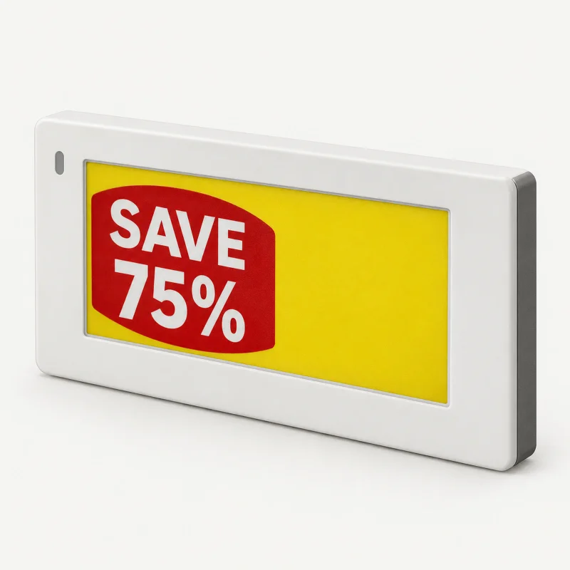 White 2.66 inch four-colour electronic shelf label on a light studio background