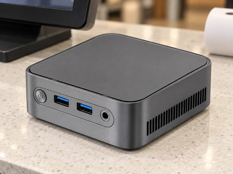 Illustration: Dark graphite mini PC at a retail checkout