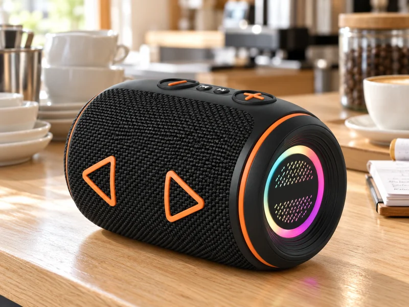 插图：Compact barrel-shaped portable speaker with woven grille and RGB end ring on a counter