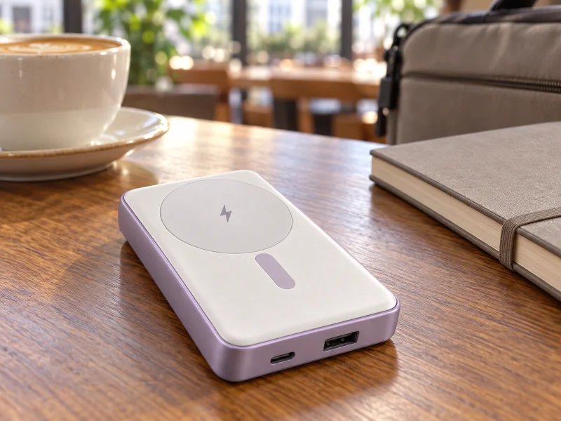 Illustration: Lavender magnetic power bank with two ports and charging target on a desk in Malaysia