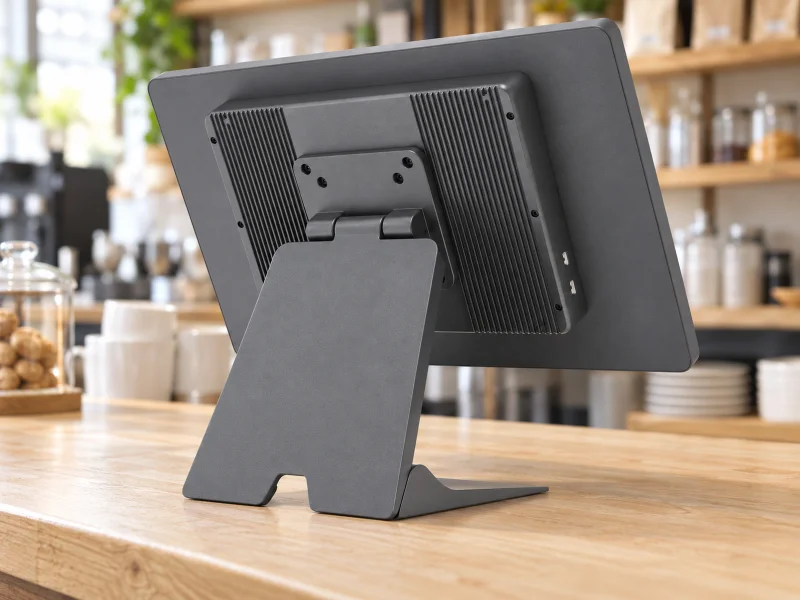 Illustration: Graphite POS terminal rear view with finned housing and broad folding stand on a counter in the Netherlands