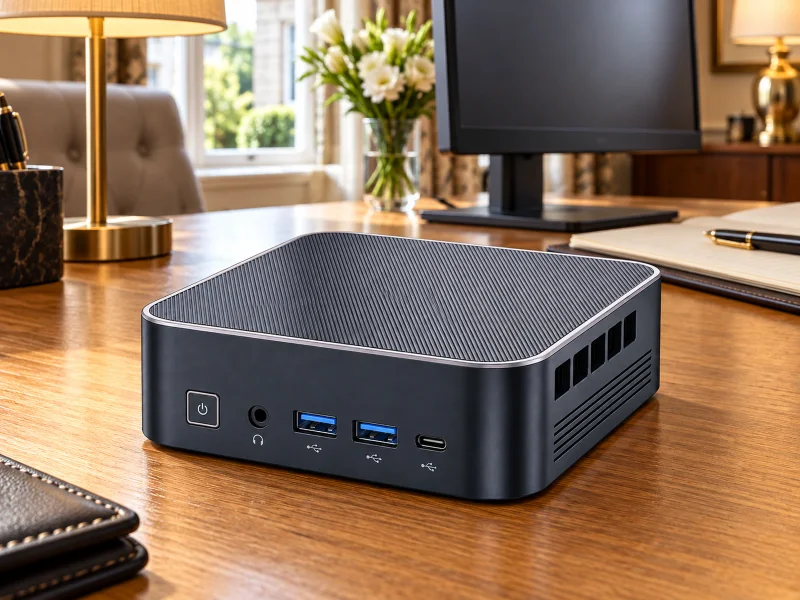 插图:Dark graphite mini PC with finely lined top on a desk