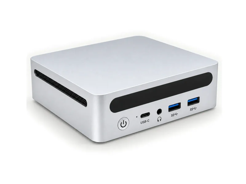 Silver rounded mini PC with black front band on a light studio background