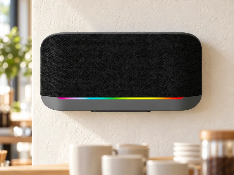 Illustratie: Black rounded wall speaker with gray base and thin rainbow light on a wall in the UK