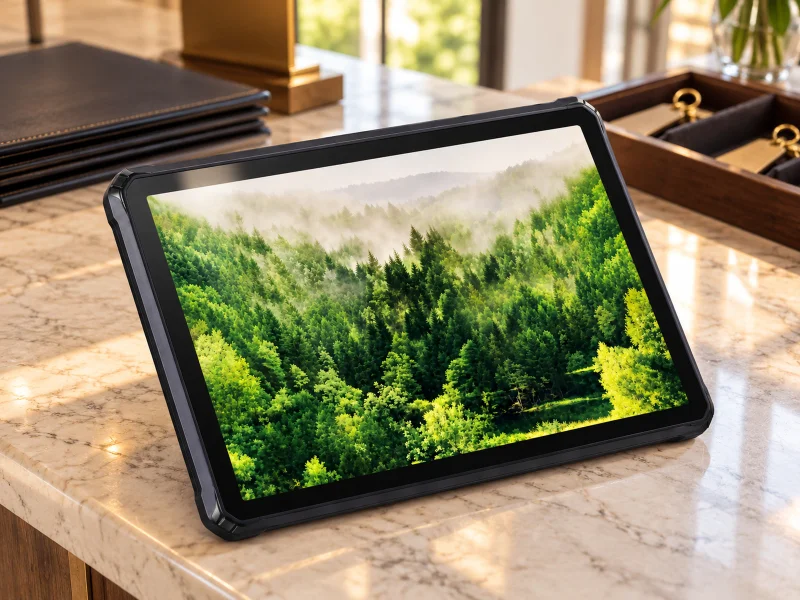 Illustration: Black rugged tablet with a forest image on its screen on a Malaysian hotel service counter