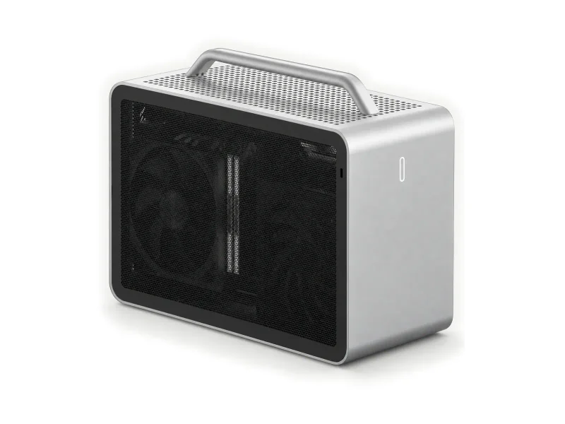 Silver portable workstation with mesh side and carry handle on a light studio background