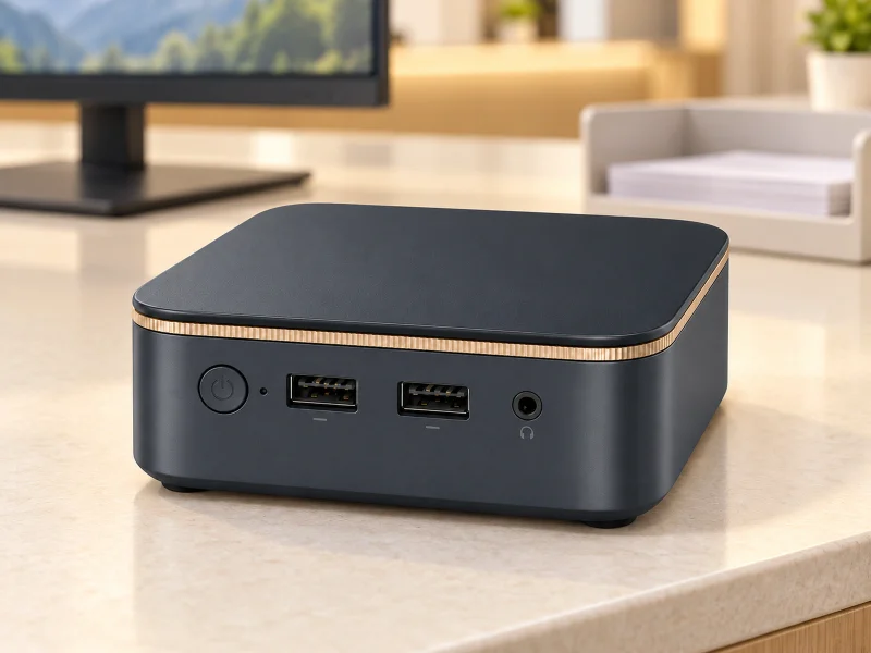 Illustratie: Dark mini PC with thin champagne-gold lid trim on a counter