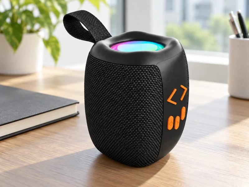 Illustration: Compact woven portable speaker with carry loop and RGB top on a desk in Singapore