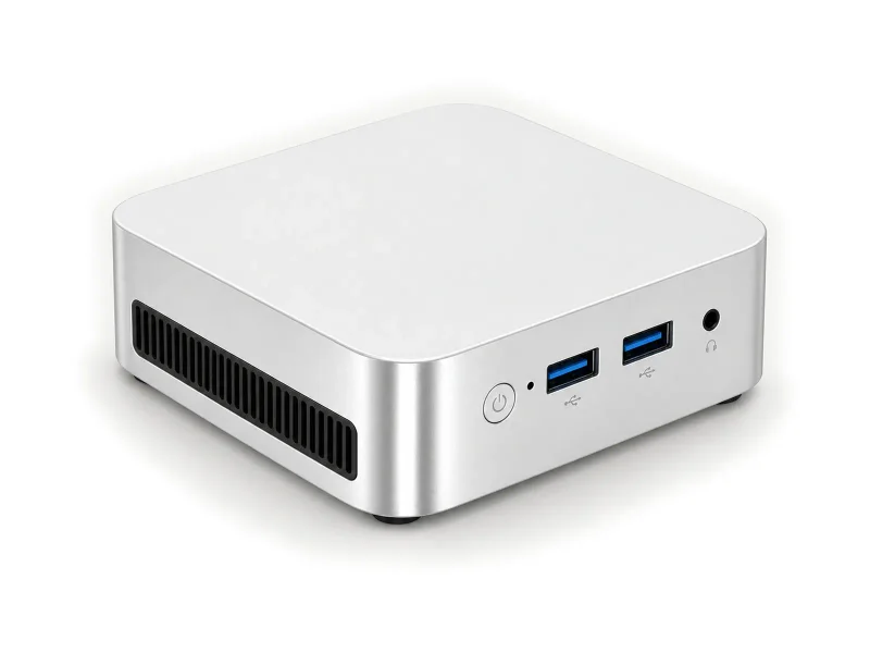 Pale silver mini PC with two blue USB-A ports and left slatted vent on a light studio background