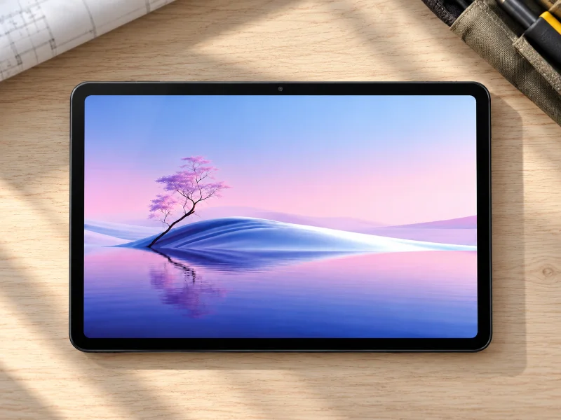 Ilustrasi: 12.6 inch black tablet on a workbench