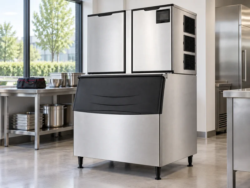Illustration: Wide modular stainless cube ice maker on a desk