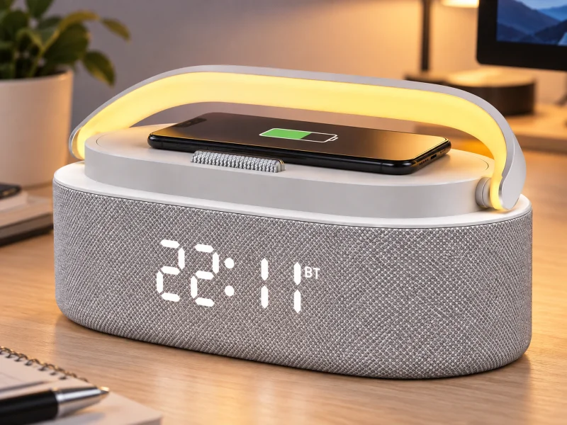 Illustration: White charging clock speaker in an office with a phone on its charging surface