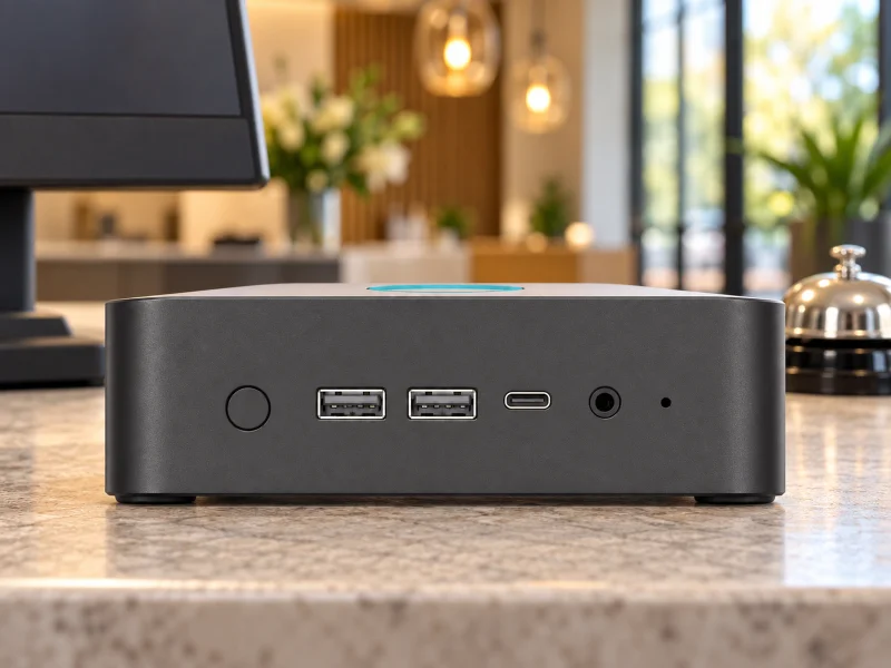Illustration: Compact graphite mini PC with round power button, two front USB-A, USB-C and audio on a counter in the Netherlands