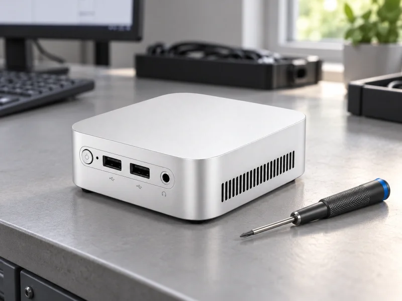 Illustration: Pale silver mini PC with inset front panel and black USB-A ports on a desk